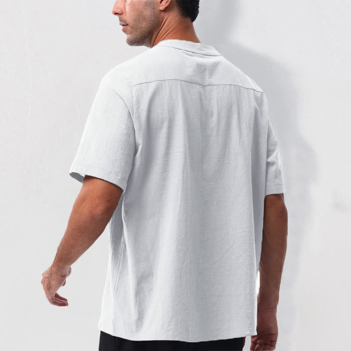 Buddha Stones Camicia da uomo estiva casual a maniche corte con colletto alla coreana e mezze bottoni, in cotone e lino. - image 22