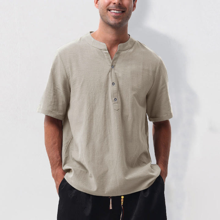 Buddha Stones Camicia da uomo estiva casual a maniche corte con colletto alla coreana e mezze bottoni, in cotone e lino. - Biancheria - US/UK/AU50, EU60 (5XL) - image 8