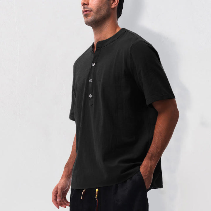 Buddha Stones Camicia da uomo estiva casual a maniche corte con colletto alla coreana e mezze bottoni, in cotone e lino. - image 14