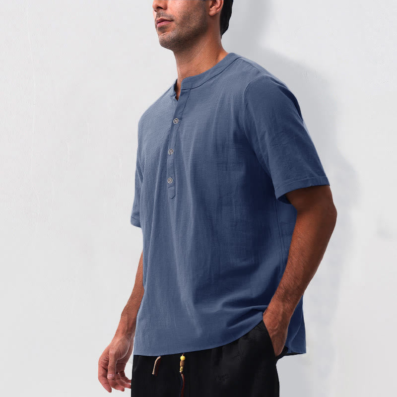 Buddha Stones Camicia da uomo estiva casual a maniche corte con colletto alla coreana e mezze bottoni, in cotone e lino. - image 18