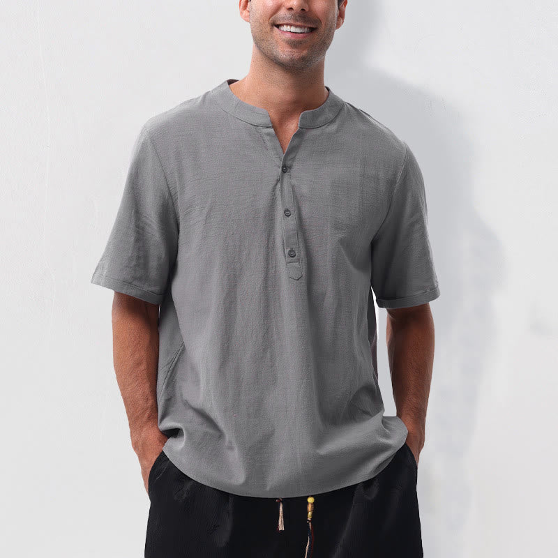 Buddha Stones Camicia da uomo estiva casual a maniche corte con colletto alla coreana e mezze bottoni, in cotone e lino. - Grigio - US/UK/AU50, EU60 (5XL) - image 0