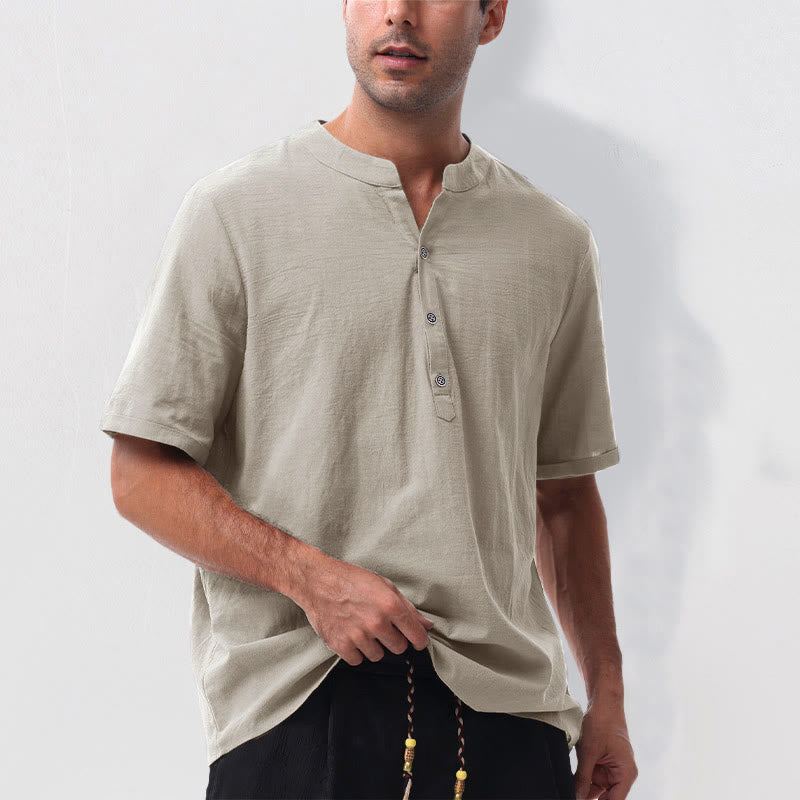 Buddha Stones Camicia da uomo estiva casual a maniche corte con colletto alla coreana e mezze bottoni, in cotone e lino. - image 9