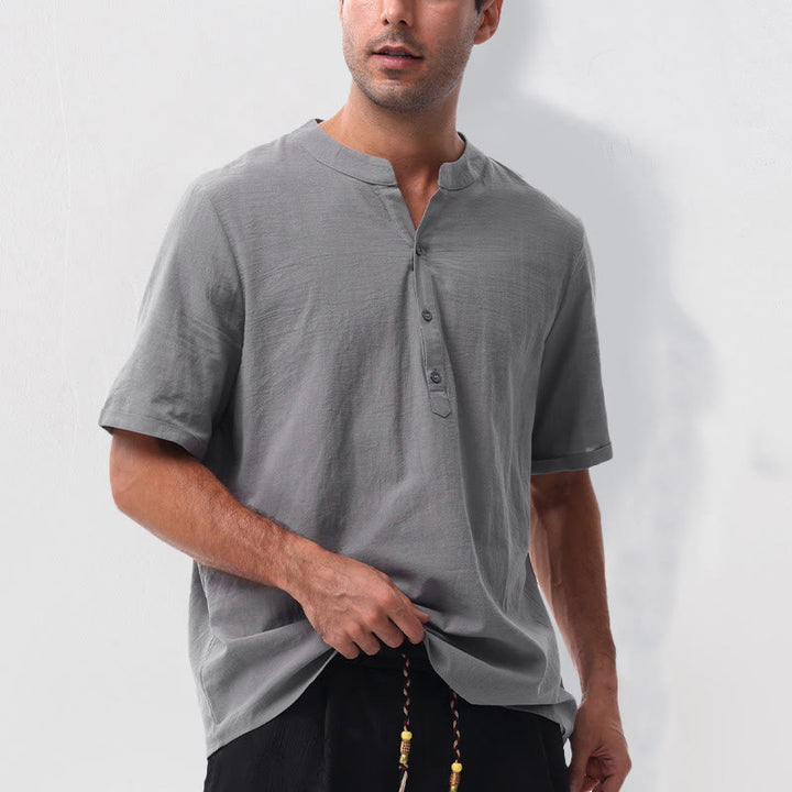 Buddha Stones Camicia da uomo estiva casual a maniche corte con colletto alla coreana e mezze bottoni, in cotone e lino. - image 7