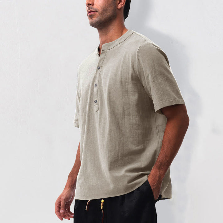 Buddha Stones Camicia da uomo estiva casual a maniche corte con colletto alla coreana e mezze bottoni, in cotone e lino. - image 11