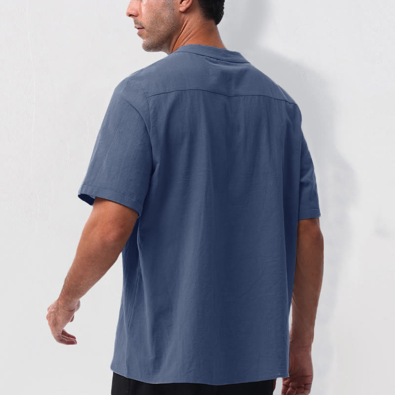 Buddha Stones Camicia da uomo estiva casual a maniche corte con colletto alla coreana e mezze bottoni, in cotone e lino. - image 19