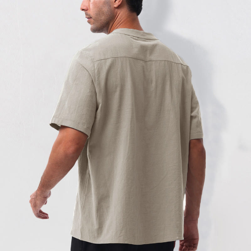 Buddha Stones Camicia da uomo estiva casual a maniche corte con colletto alla coreana e mezze bottoni, in cotone e lino. - image 10