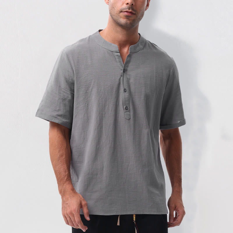 Buddha Stones Camicia da uomo estiva casual a maniche corte con colletto alla coreana e mezze bottoni, in cotone e lino. - image 5
