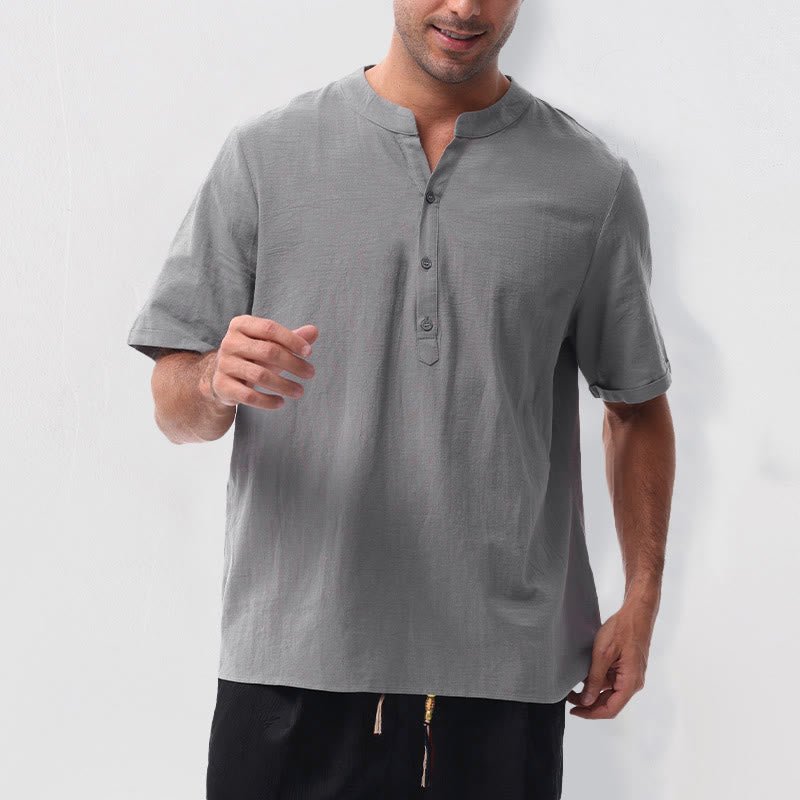 Buddha Stones Camicia da uomo estiva casual a maniche corte con colletto alla coreana e mezze bottoni, in cotone e lino. - image 1