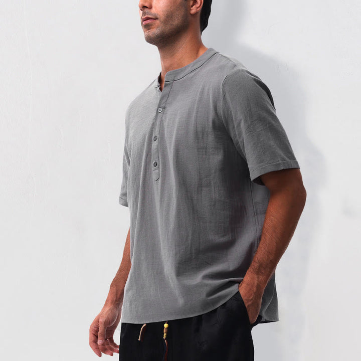 Buddha Stones Camicia da uomo estiva casual a maniche corte con colletto alla coreana e mezze bottoni, in cotone e lino. - image 2
