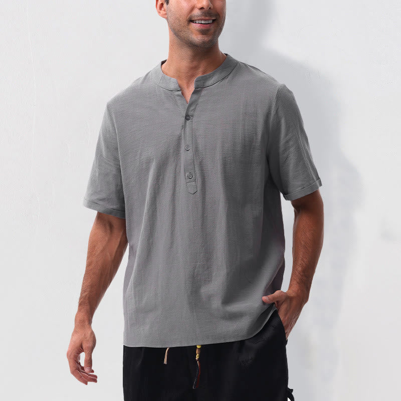 Buddha Stones Camicia da uomo estiva casual a maniche corte con colletto alla coreana e mezze bottoni, in cotone e lino. - image 4