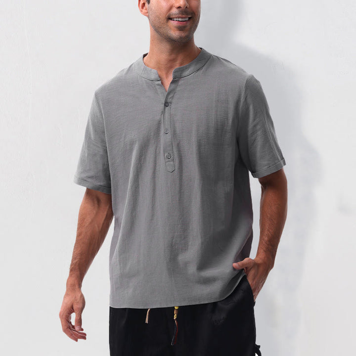 Buddha Stones Camicia da uomo estiva casual a maniche corte con colletto alla coreana e mezze bottoni, in cotone e lino. - image 4