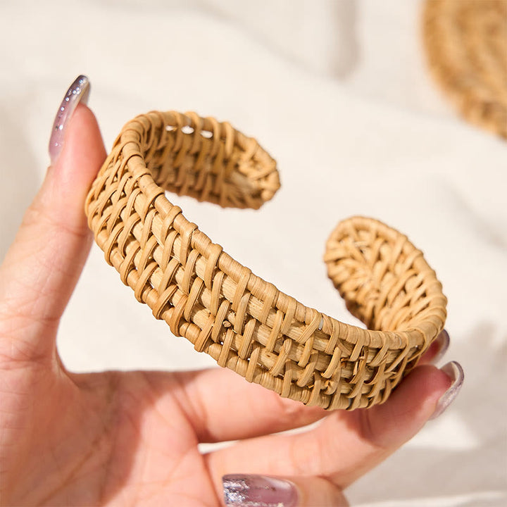 Buddha Stones Bracciale aperto bohemien in rattan naturale intrecciato a mano - image 2