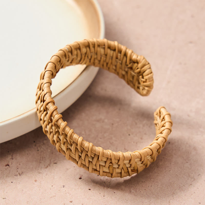 Buddha Stones Bracciale aperto bohemien in rattan naturale intrecciato a mano - image 1