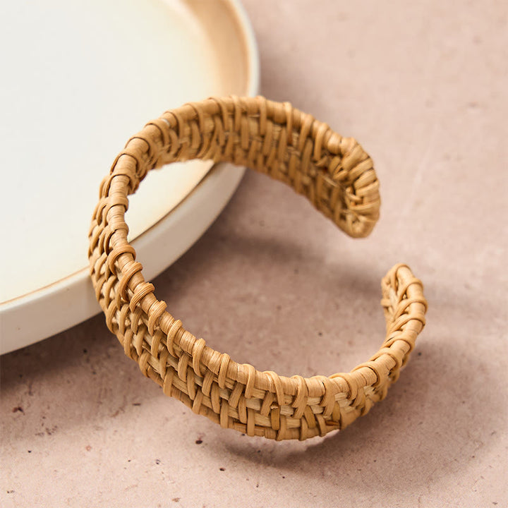 Buddha Stones Bracciale aperto bohemien in rattan naturale intrecciato a mano - image 1