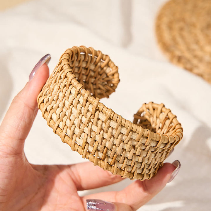 Buddha Stones Bracciale rigido largo in rattan naturale, intrecciato a mano, stile boho. - image 6
