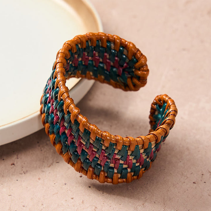 Buddha Stones Bracciale rigido largo in rattan naturale, intrecciato a mano, stile boho. - image 3