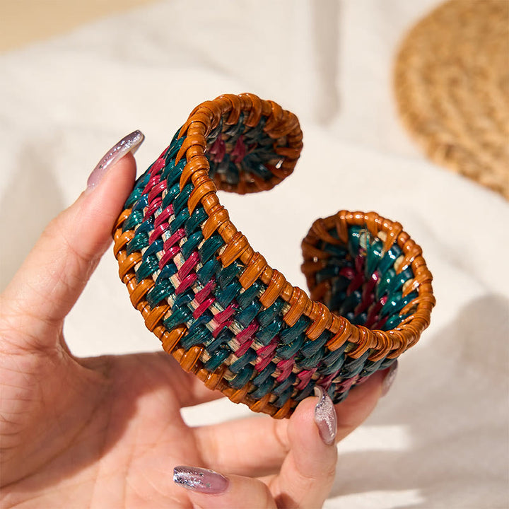 Buddha Stones Bracciale rigido largo in rattan naturale, intrecciato a mano, stile boho. - image 7