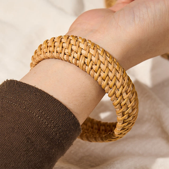 Buddha Stones Bracciale rigido largo in rattan intrecciato a mano, stile bohémien da resort. - image 11