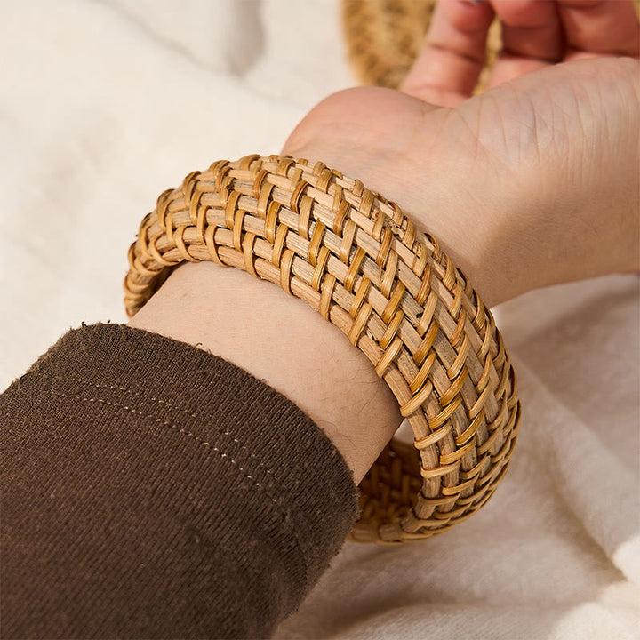 Buddha Stones Bracciale rigido largo in rattan naturale intrecciato a mano, stile boho. - image 10