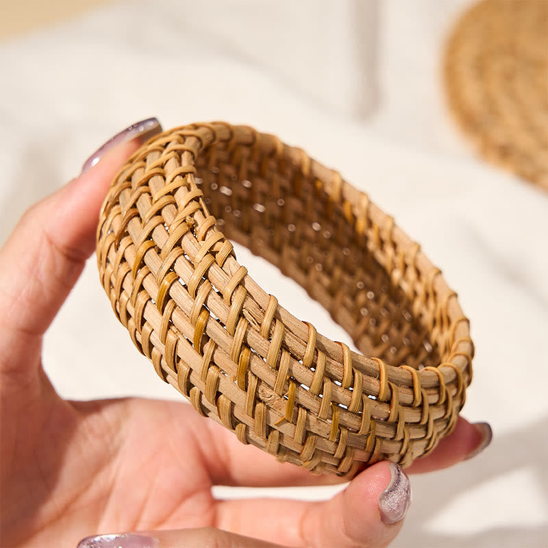 Buddha Stones Bracciale rigido largo in rattan naturale intrecciato a mano, stile boho. - image 8