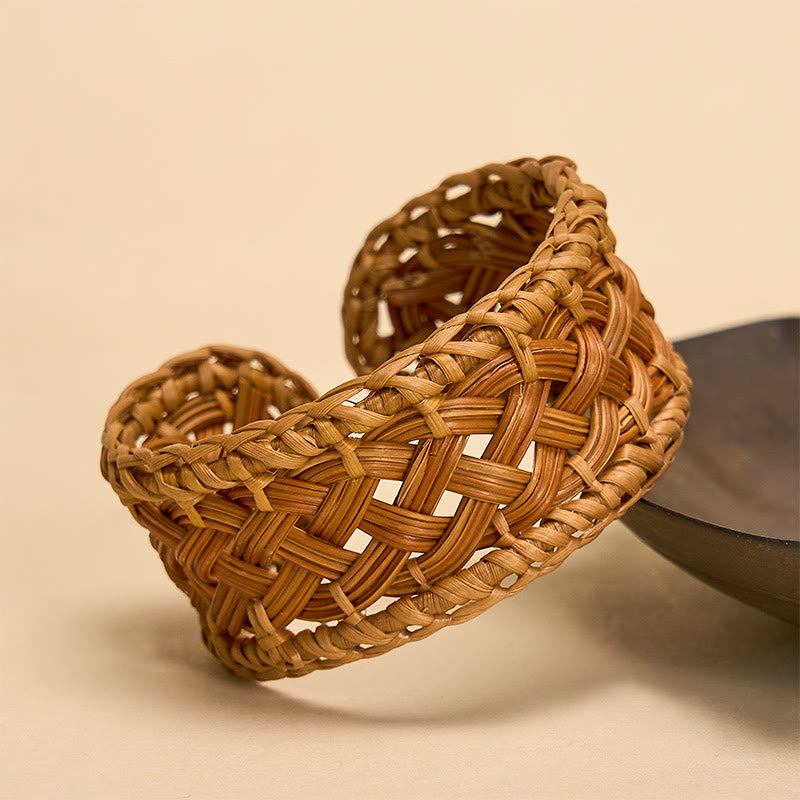 Buddha Stones Bracciale regolabile in rattan naturale intrecciato a mano, stile boho resort. - image 1
