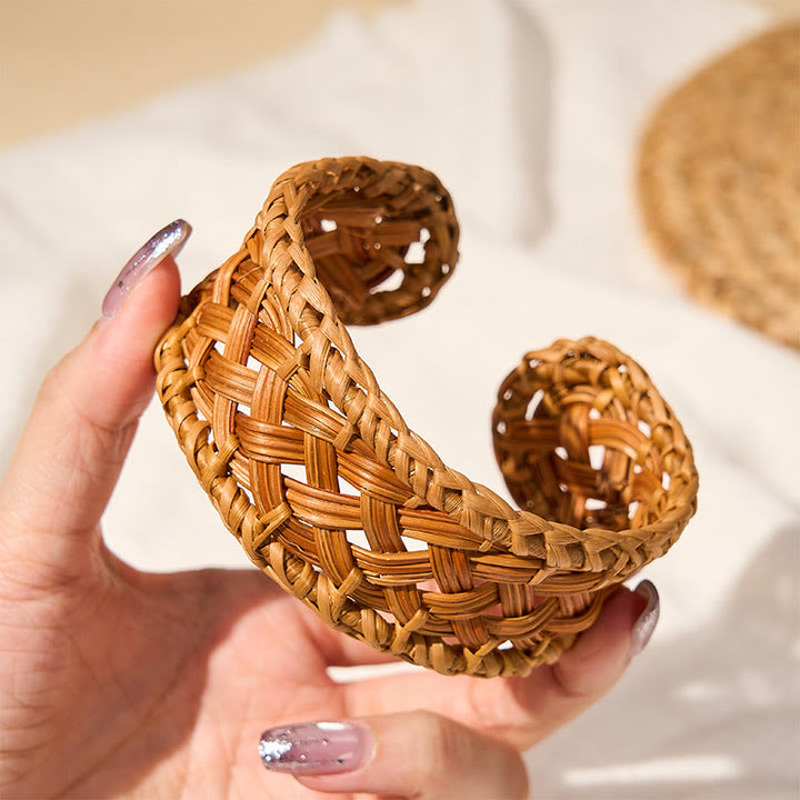 Buddha Stones Bracciale regolabile in rattan naturale intrecciato a mano, stile boho resort. - image 4