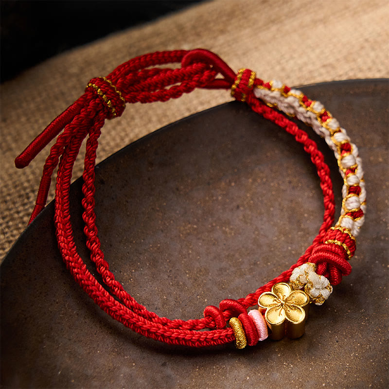 Buddha Stones Bracciale a doppio strato con nodo a fiore di pesco intrecciato a mano. - Rosso - Con accessorio fiore di pesco - image 0