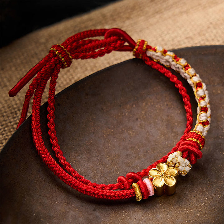 Buddha Stones Bracciale a doppio strato con nodo a fiore di pesco intrecciato a mano. - Rosso - Con accessorio fiore di pesco - image 0