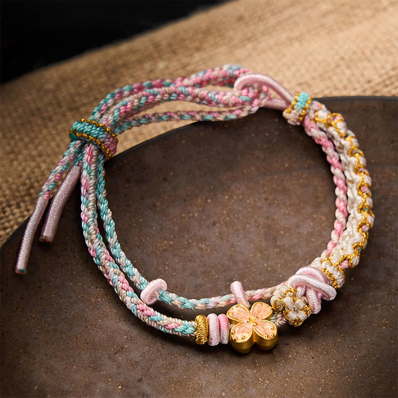 Buddha Stones Bracciale a doppio strato con nodo a fiore di pesco intrecciato a mano. - Rosa - Con accessorio a forma di fiore rosa - image 8