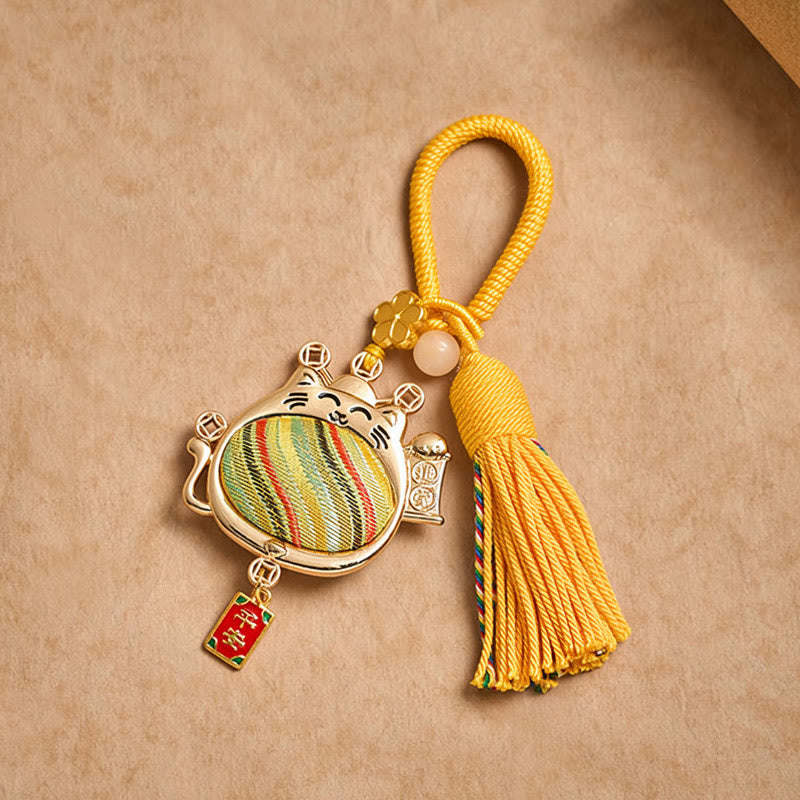 Buddha Stones Portachiavi con nappa portafortuna a forma di gatto in broccato Song - image 4