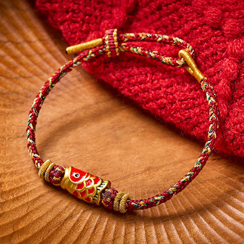 Buddha Stones Braccialetto di protezione con fiori e pesci koi, intrecciato a mano con cordino rosso. - Marrone - Con accessorio per pesci koi - image 18