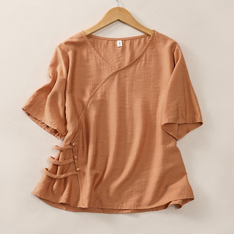 Buddha Stones T-shirt da donna a maniche corte, stile casual estivo, minimalista, con scollo a V e bottoni decorativi. - Perù - US8-10, UK/AU12-14, EU40-42 (2XL) - image 0