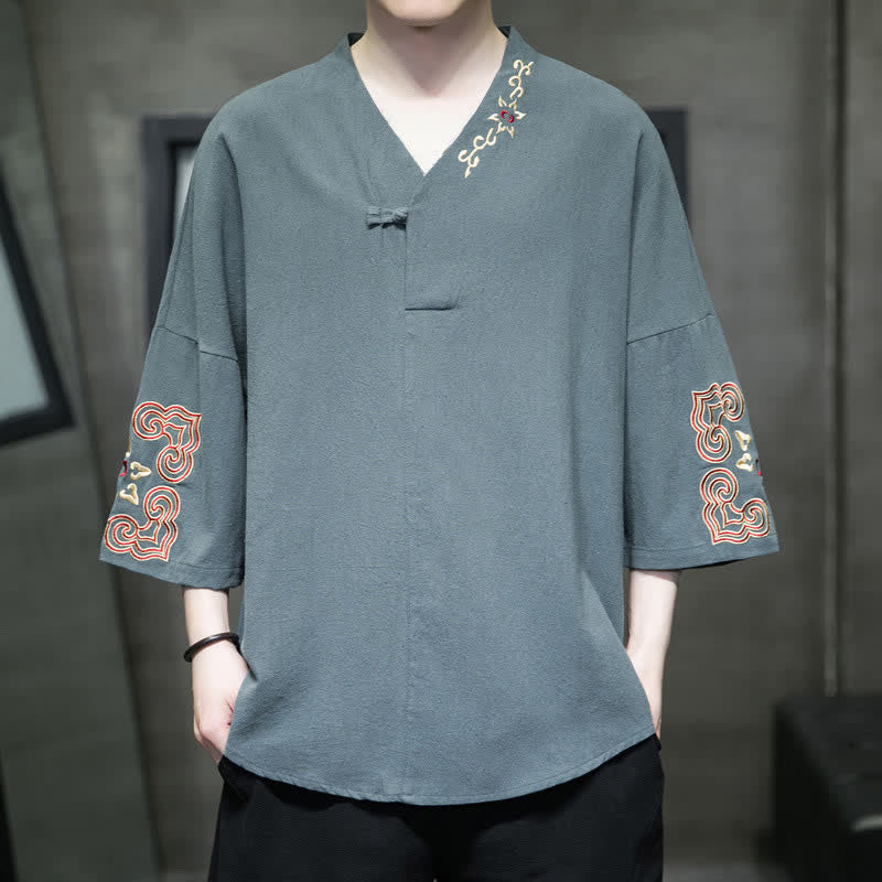 Buddha Stones Camicia da uomo a maniche corte con scollo a V, ricamo, un bottone a rana e stampa floreale, stile Summer Tang. - Cadetto Blu - US/UK/AU46, EU56 (5XL) - image 0