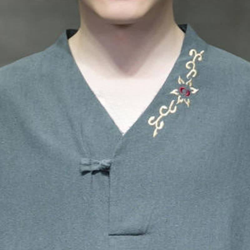 Buddha Stones Camicia da uomo a maniche corte con scollo a V, ricamo, un bottone a rana e stampa floreale, stile Summer Tang. - image 4