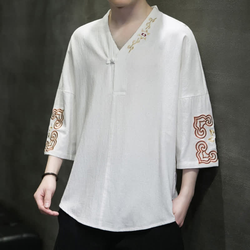 Buddha Stones Camicia da uomo a maniche corte con scollo a V, ricamo, un bottone a rana e stampa floreale, stile Summer Tang. - image 9