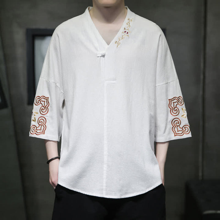 Buddha Stones Camicia da uomo a maniche corte con scollo a V, ricamo, un bottone a rana e stampa floreale, stile Summer Tang. - Bianco - US/UK/AU46, EU56 (5XL) - image 8