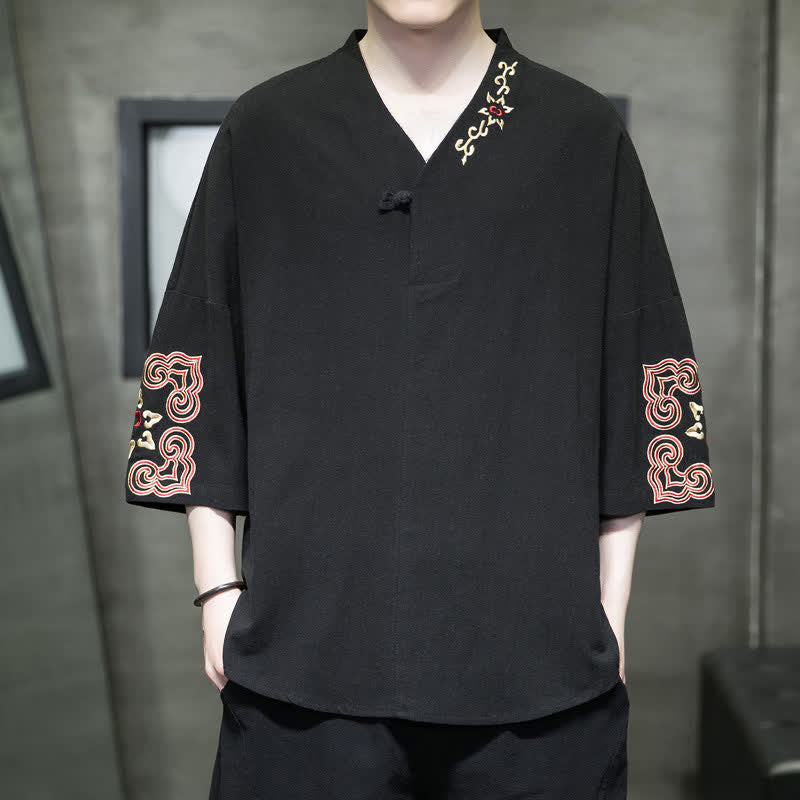 Buddha Stones Camicia da uomo a maniche corte con scollo a V, ricamo, un bottone a rana e stampa floreale, stile Summer Tang. - Nero - US/UK/AU46, EU56 (5XL) - image 6