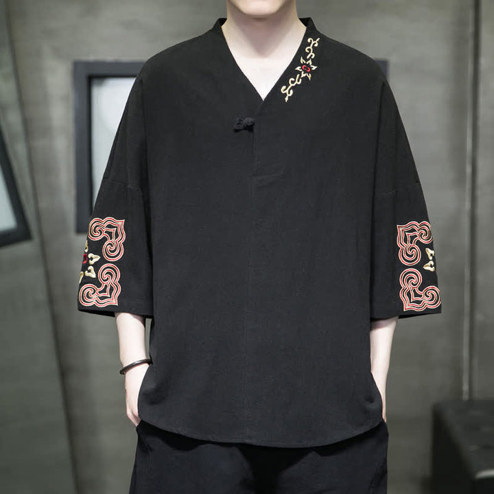 Buddha Stones Camicia da uomo a maniche corte con scollo a V, ricamo, un bottone a rana e stampa floreale, stile Summer Tang. - Nero - US/UK/AU46, EU56 (5XL) - image 6