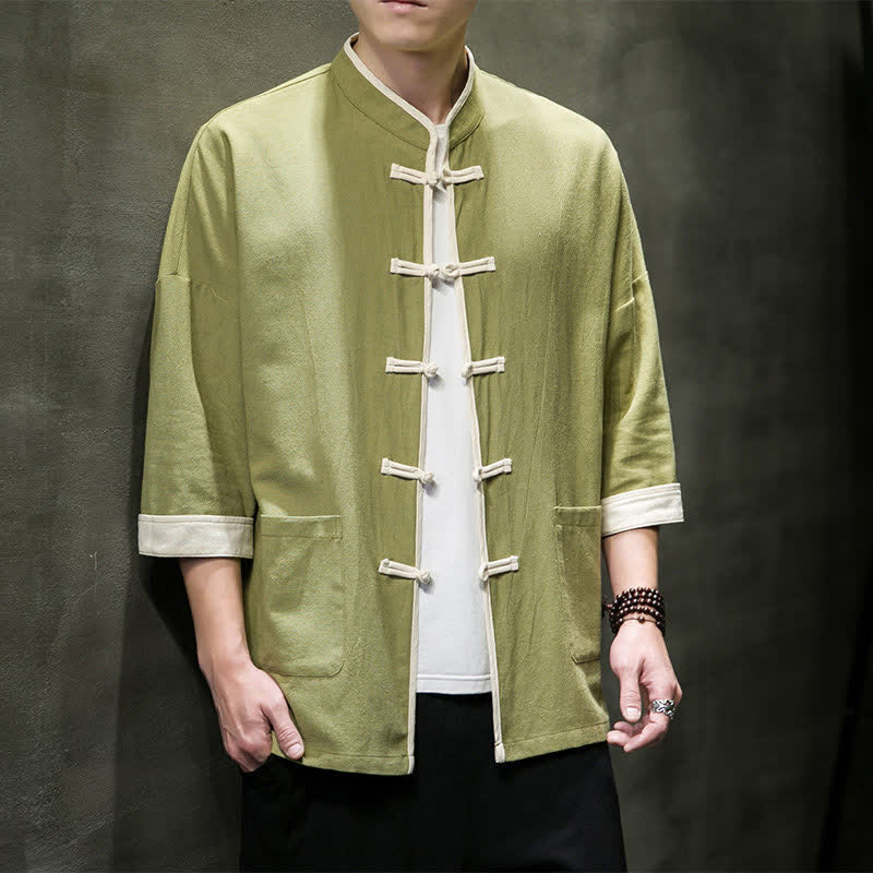 Buddha Stones Camicia da uomo a maniche corte con colletto alla coreana, blocchi di colore e bottoni a rana, stile estivo Tang, con tasche. - image 1