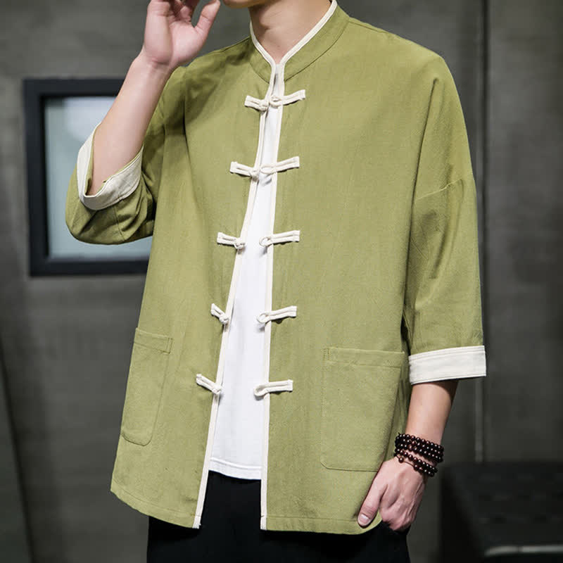 Buddha Stones Camicia da uomo a maniche corte con colletto alla coreana, blocchi di colore e bottoni a rana, stile estivo Tang, con tasche. - Verde oliva - US/UK/AU46, EU56 (5XL) - image 0
