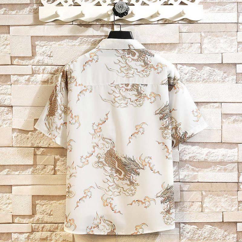Buddha Stones Camicia da uomo a maniche corte con bottoni e motivo drago estivo - image 14