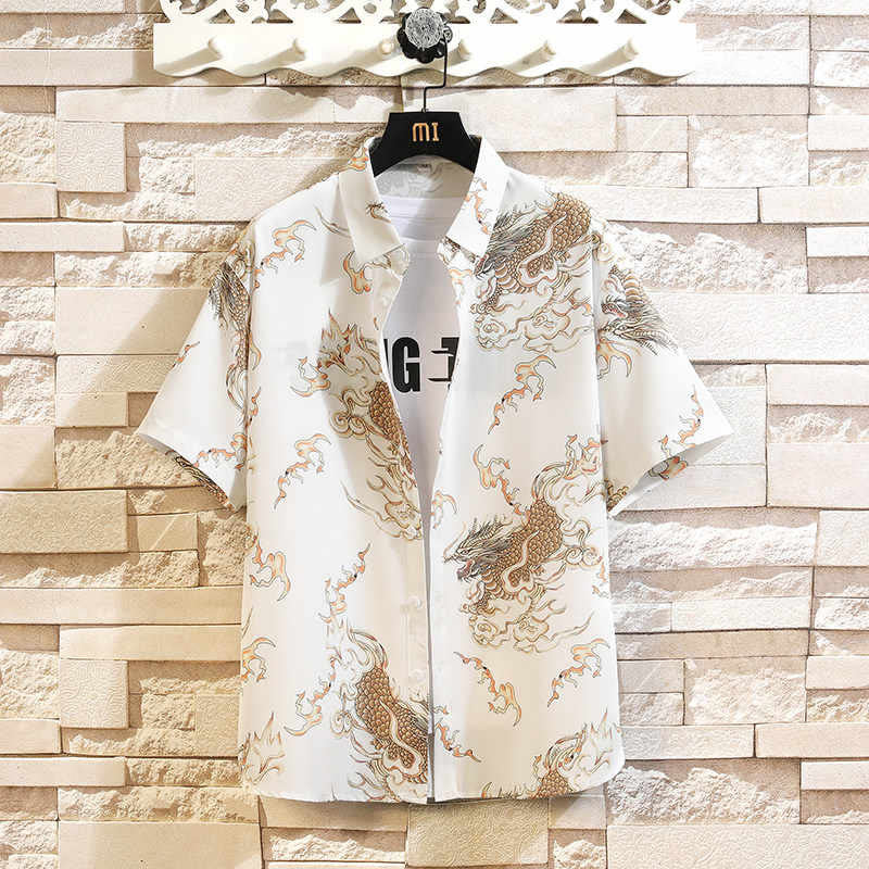 Buddha Stones Camicia da uomo a maniche corte con bottoni e motivo drago estivo - Bianco - US/UK/AU46, EU56 (5XL) - image 13
