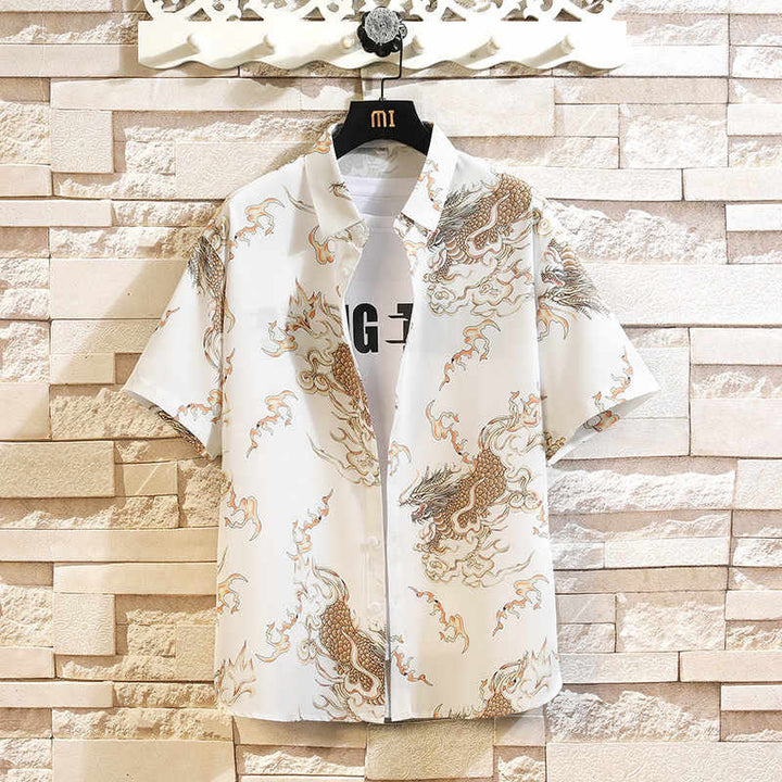 Buddha Stones Camicia da uomo a maniche corte con bottoni e motivo drago estivo - Bianco - US/UK/AU46, EU56 (5XL) - image 13