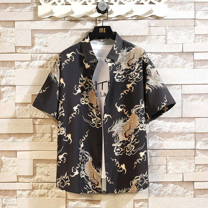 Buddha Stones Camicia da uomo a maniche corte con bottoni e motivo drago estivo - Nero - US/UK/AU46, EU56 (5XL) - image 0