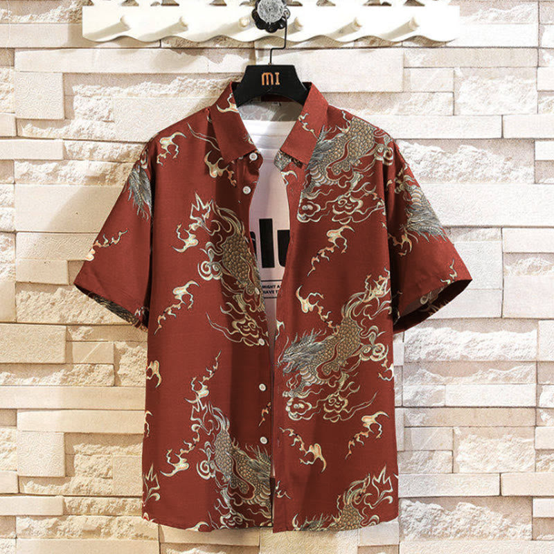 Buddha Stones Camicia da uomo a maniche corte con bottoni e motivo drago estivo - FireBrick - US/UK/AU46, EU56 (5XL) - image 11