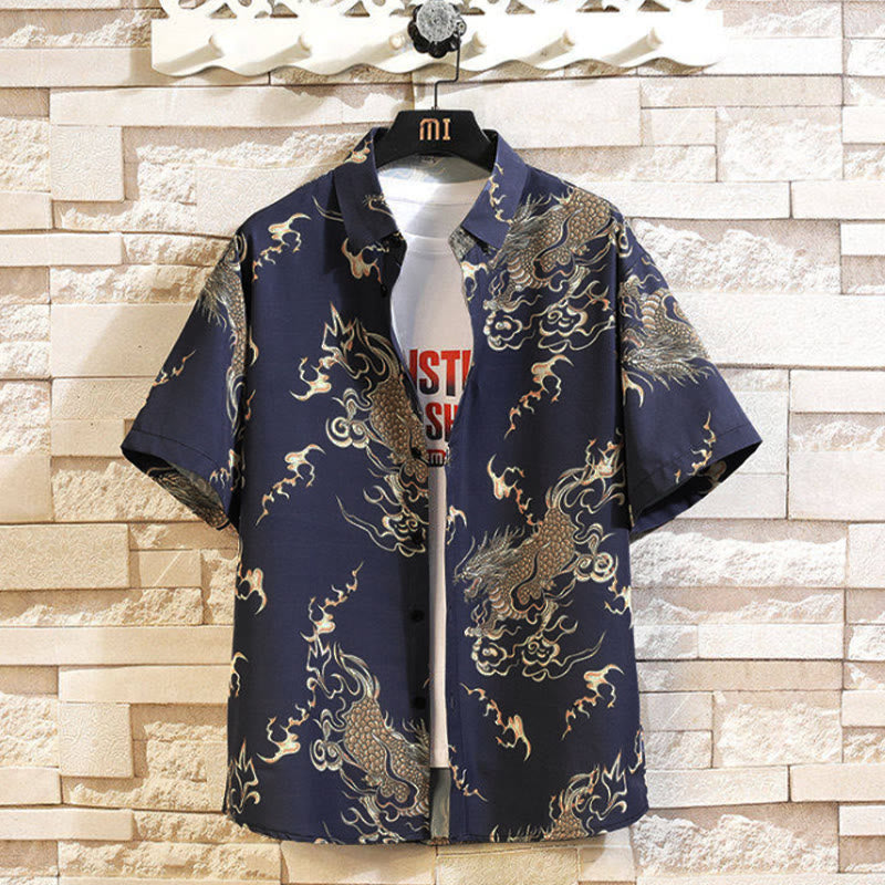 Buddha Stones Camicia da uomo a maniche corte con bottoni e motivo drago estivo - SteelBlue - US/UK/AU46, EU56 (5XL) - image 9
