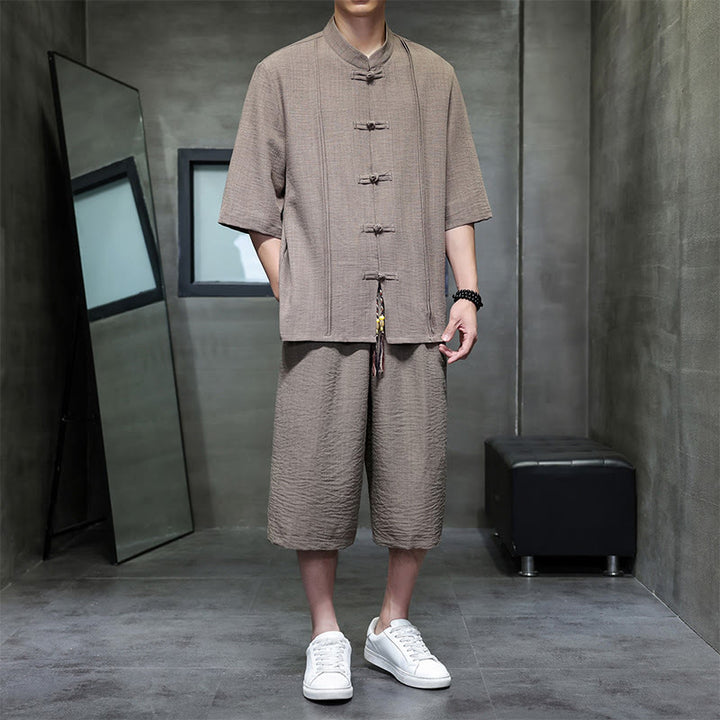Buddha Stones Completo estivo da uomo con camicia a maniche a gomito, bottoni a rana e pantaloni corti, ideale per la meditazione, con tasche. - Perù - US/UK/AU46, EU56 (5XL) - image 31