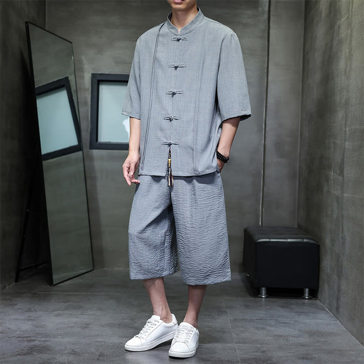 Buddha Stones Completo estivo da uomo con camicia a maniche a gomito, bottoni a rana e pantaloni corti, ideale per la meditazione, con tasche. - Grigio - US/UK/AU46, EU56 (5XL) - image 9