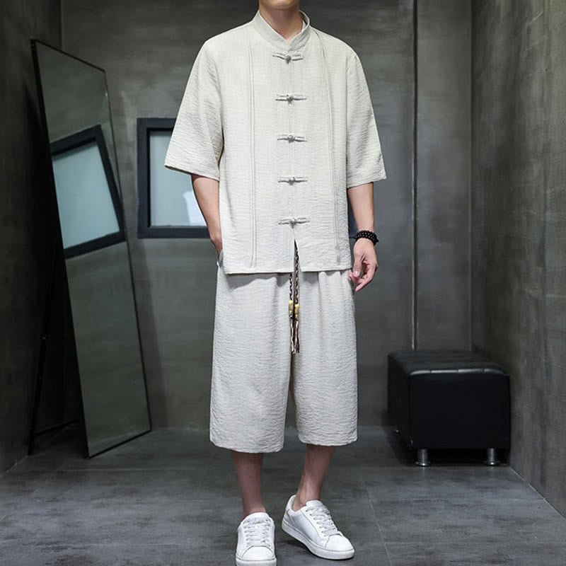 Buddha Stones Completo estivo da uomo con camicia a maniche a gomito, bottoni a rana e pantaloni corti, ideale per la meditazione, con tasche. - image 1