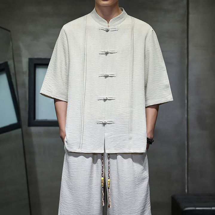 Buddha Stones Completo estivo da uomo con camicia a maniche a gomito, bottoni a rana e pantaloni corti, ideale per la meditazione, con tasche. - image 7
